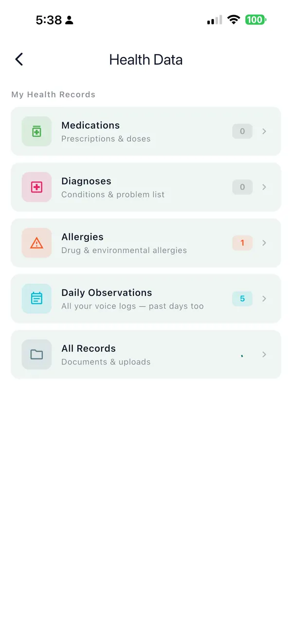 Health Data screen with categorized records: Medications, Diagnoses, Allergies, Daily Observations, All Records