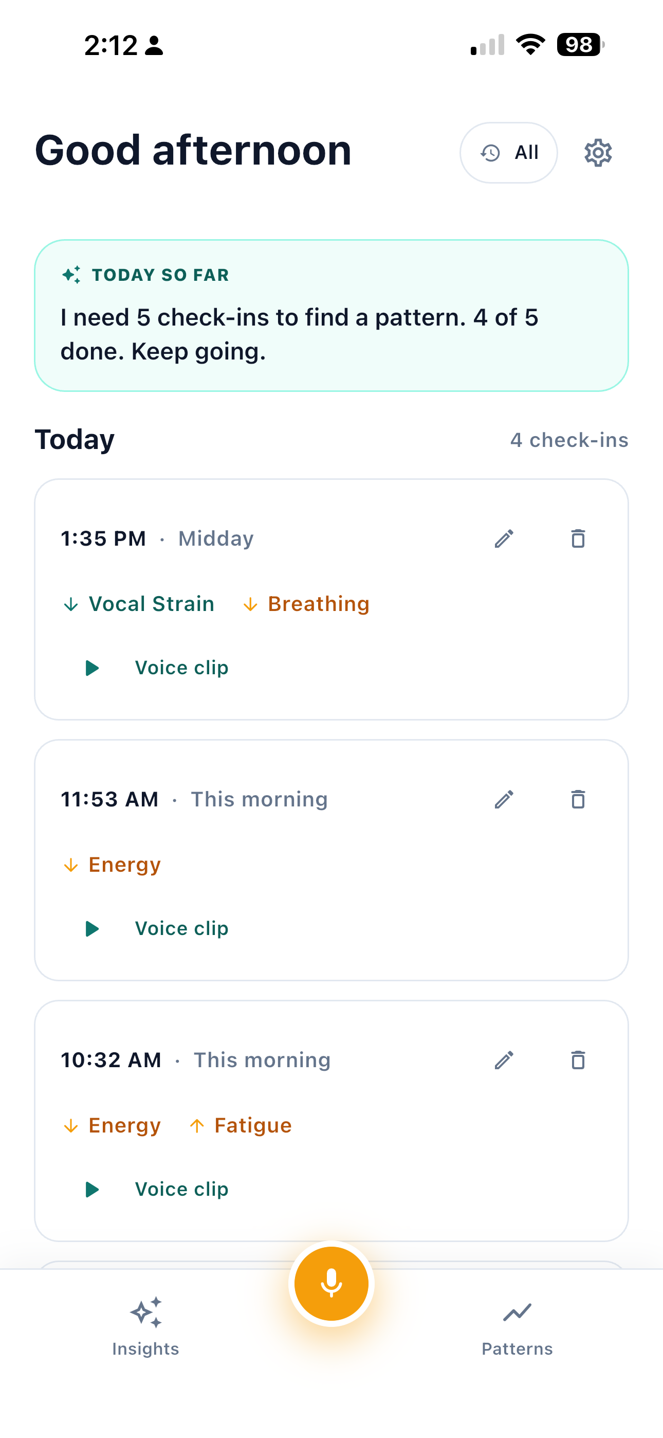 A HealthOS day of quick voice check-ins, each showing signals relative to the user's usual range.