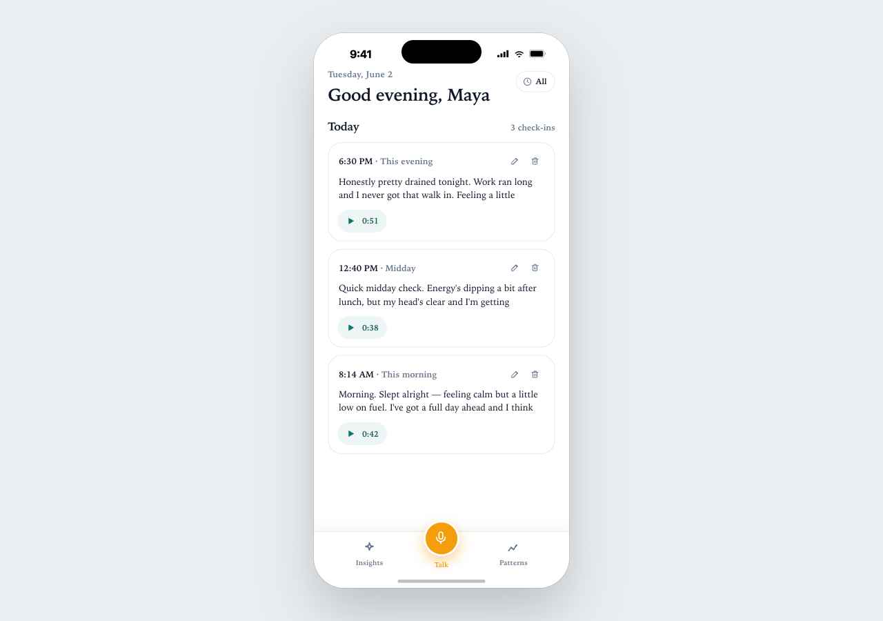 A day of voice check-ins in HealthOS